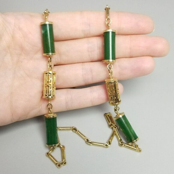 Vintage Sarah Coventry Green and Gold Tone Chain Necklace, 32 Inches Long - Picture 1 of 8